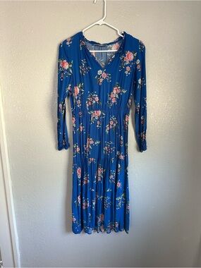 Ann Taylor Loft Blue Floral Long Sleeve Tiered Midi Dress